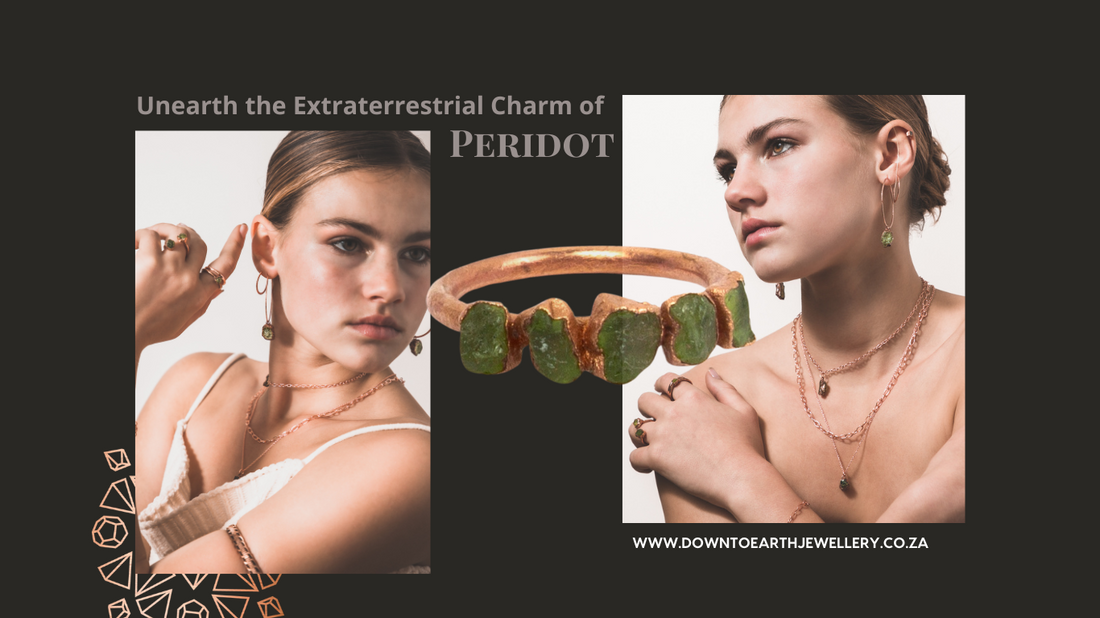 model wearing copper and peridot gemstone jewellery, peridot eternity ring featured