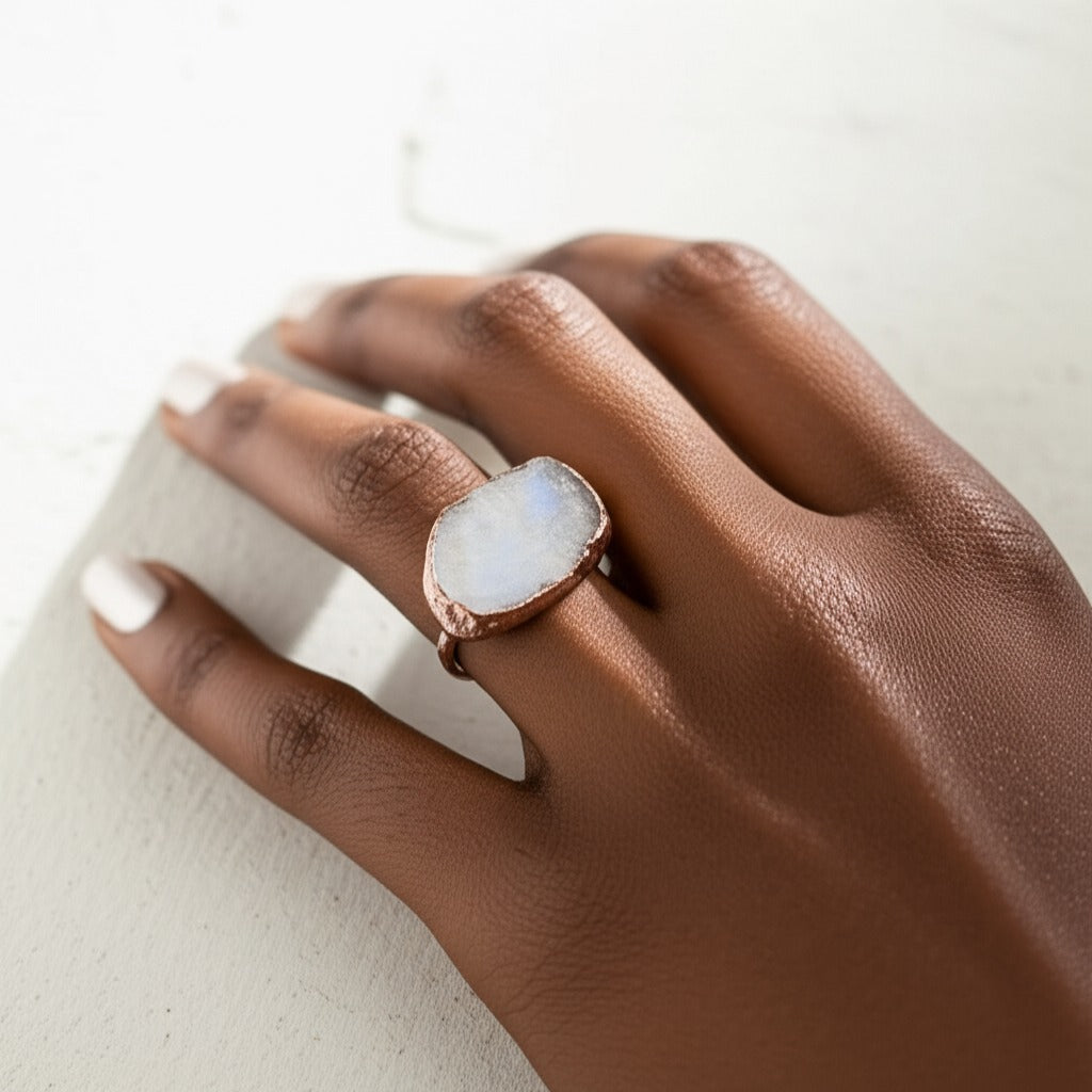 X Large Moonstone Solitaire Ring, Horizontal (March Birthstone)