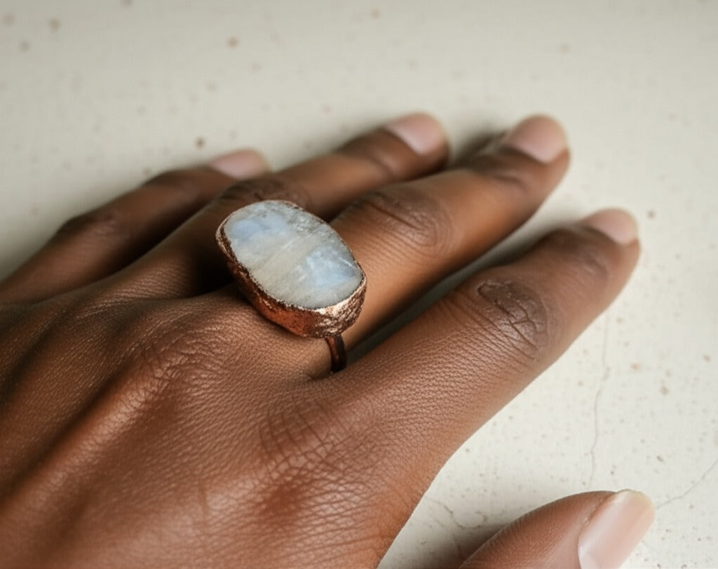 X Large Moonstone Solitaire Ring, Horizontal (March Birthstone)