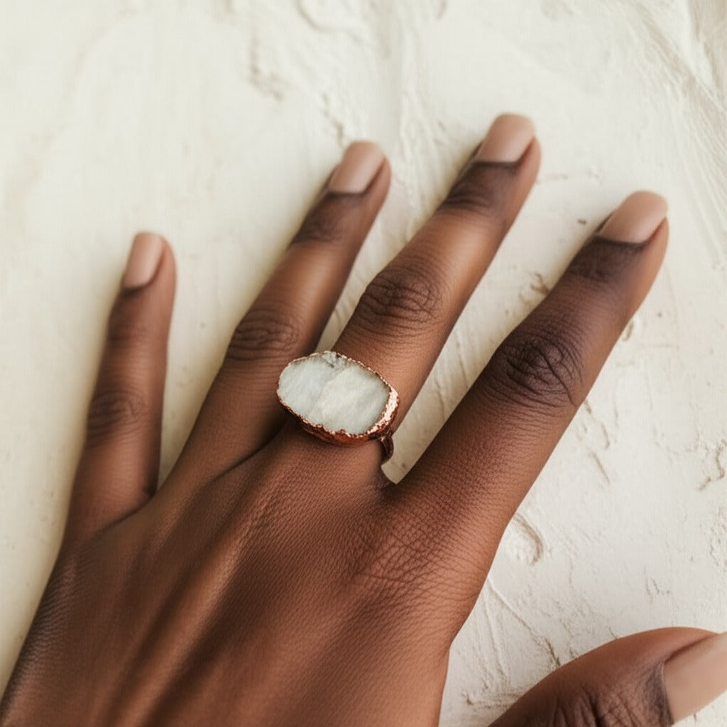X Large Moonstone Solitaire Ring, Horizontal (March Birthstone)