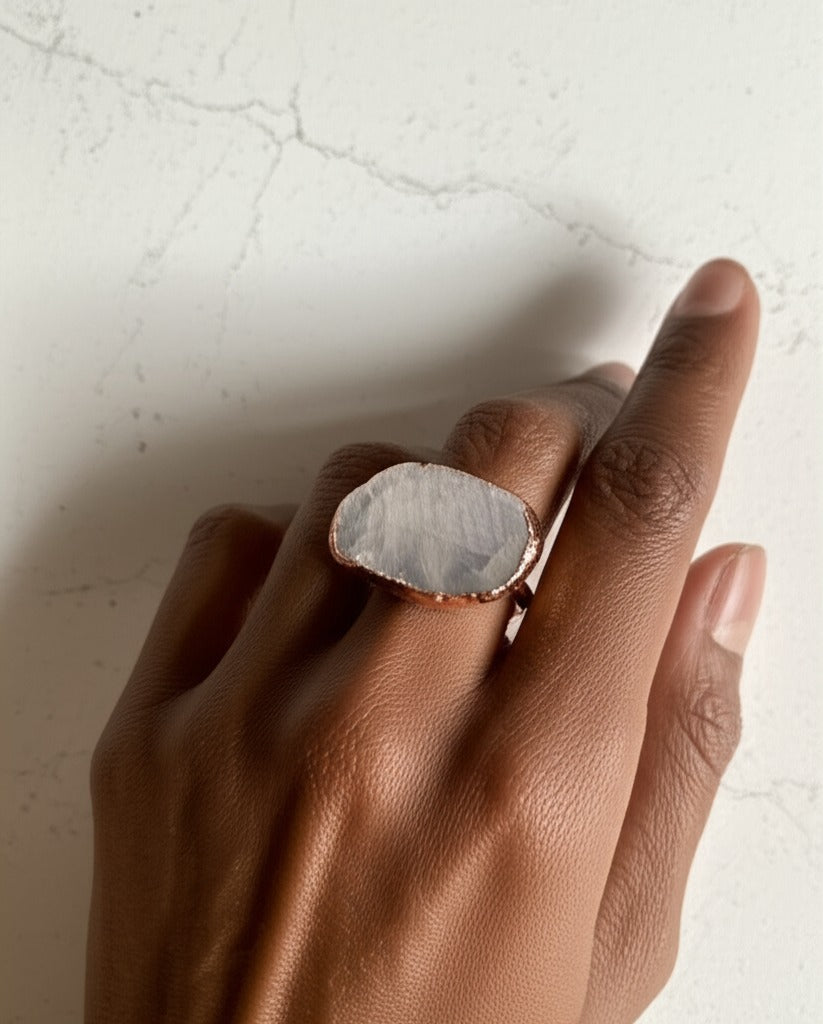X Large Moonstone Solitaire Ring, Horizontal (March Birthstone)