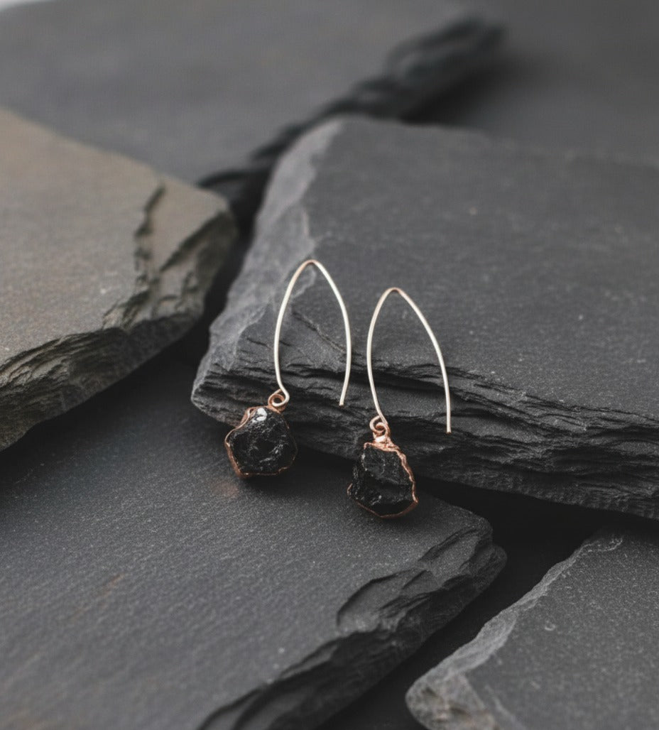 Large Black Tourmaline Long Dangly Earrings