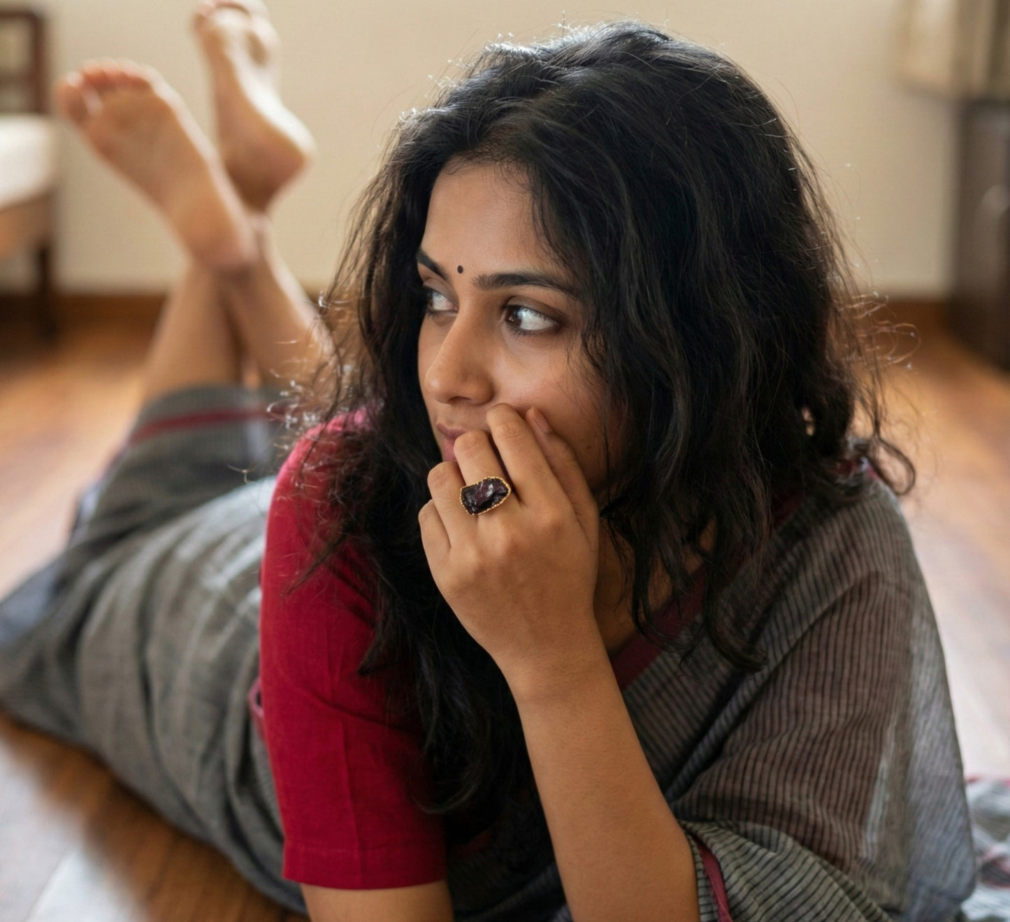 X Large Red Garnet Ring, Horizontal
