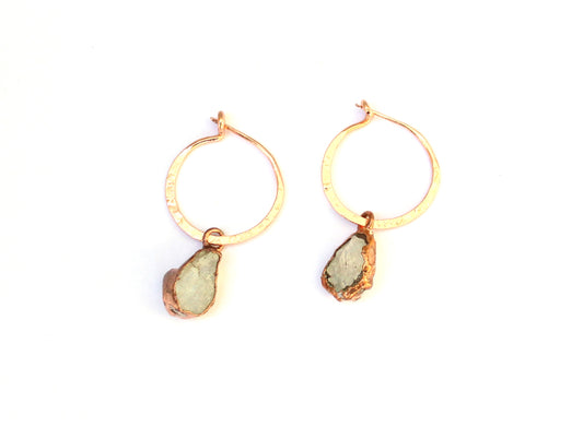 Gorgeous Small Copper Round Hoop earrings, with a small Moonstone gem charm, set in copper backing.