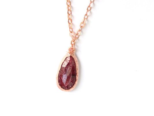 Pear Ruby pendant on long copper chain